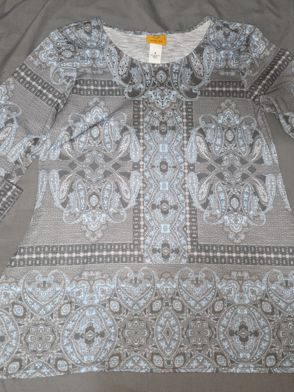 Ruby Rd. Gray and Light Blue Paisley Print Scoop Neck Top